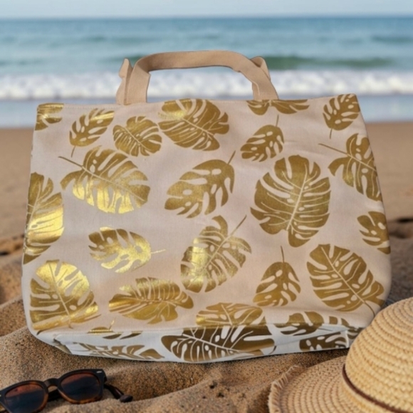 None Handbags - Gold Leaf Print Extra Large Tote Bag NWT